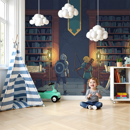 Kids-Mundo medieval library wall mural featuring a knight and archer styled in a nursery room