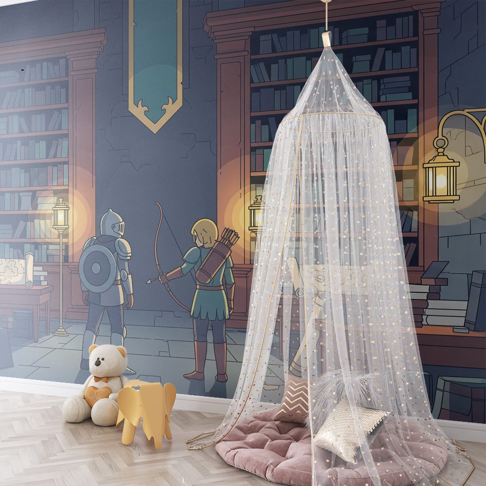 Kids-Mundo fantasy knight and archer library wall mural brightening a children's playroom