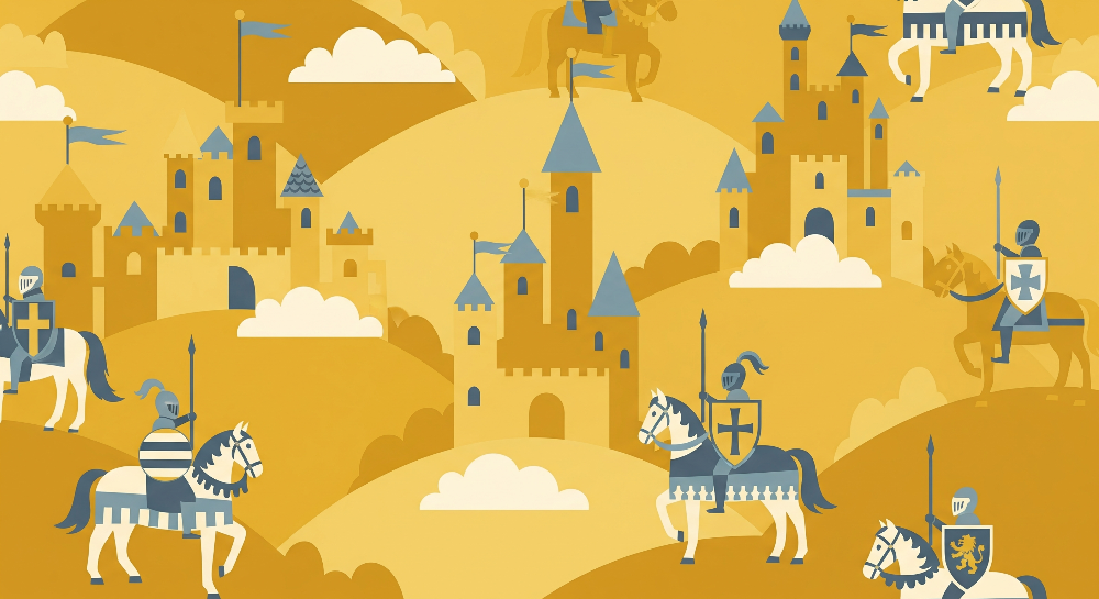 Kids-Mundo flat artwork of golden hills with fairytale castles and armoured knights, full mural design.