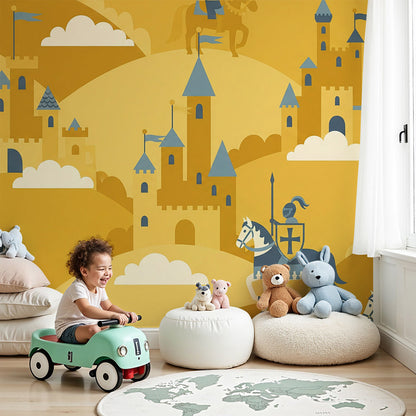Kids-Mundo knights and castles wall mural in a bright, golden-toned children's nursery.
