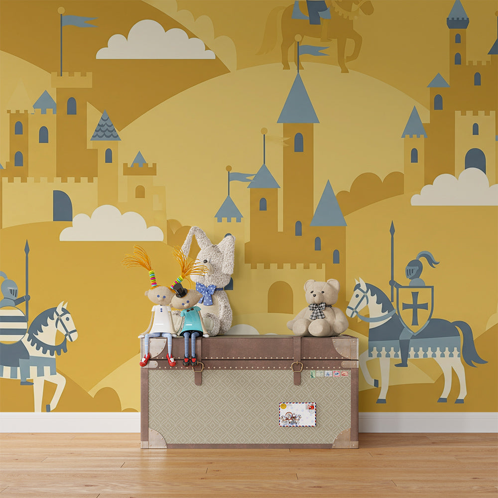 Kids-Mundo knights and castles wall mural brightening a themed children's playroom.