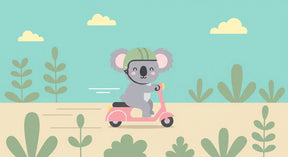 Detailed koala adventure mural wallpaper design pattern showing scooter riding character by Kids-Mundo