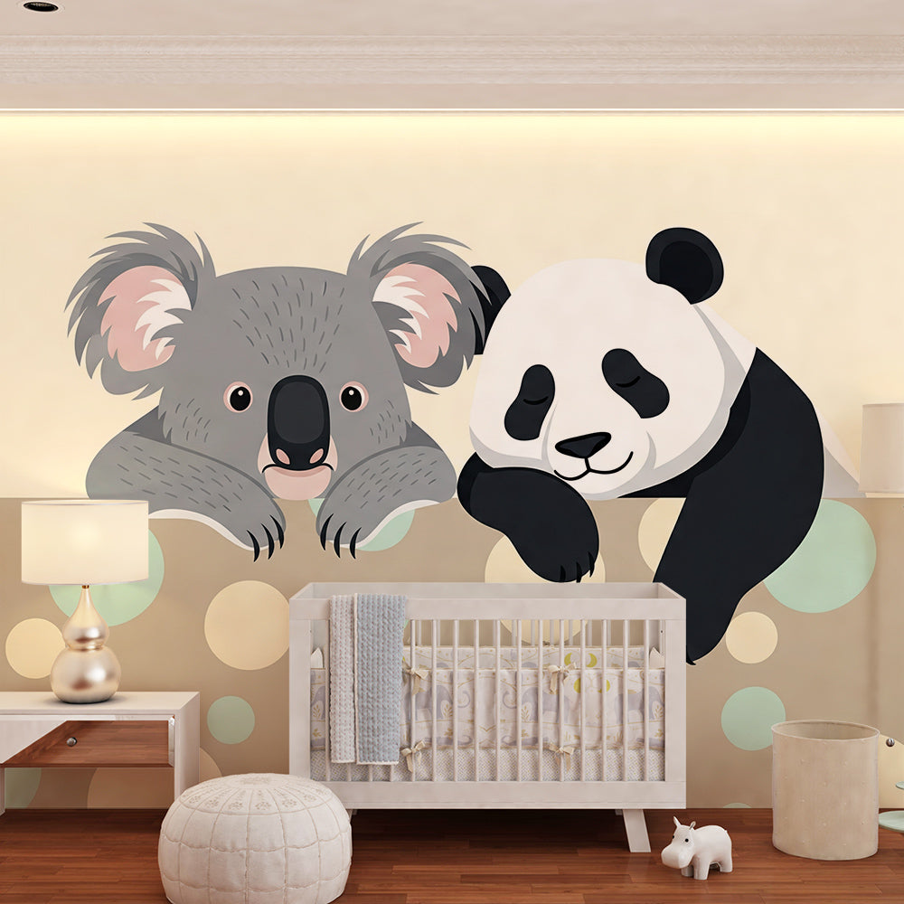 Kids-Mundo koala and panda wall mural styled in a kids bedroom, adding a sweet dotted wall design.