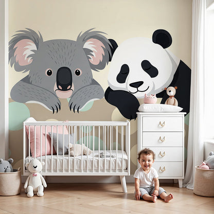 Kids-Mundo koala and panda wall mural in a warm nursery, made to measure for a playful peekaboo scene.