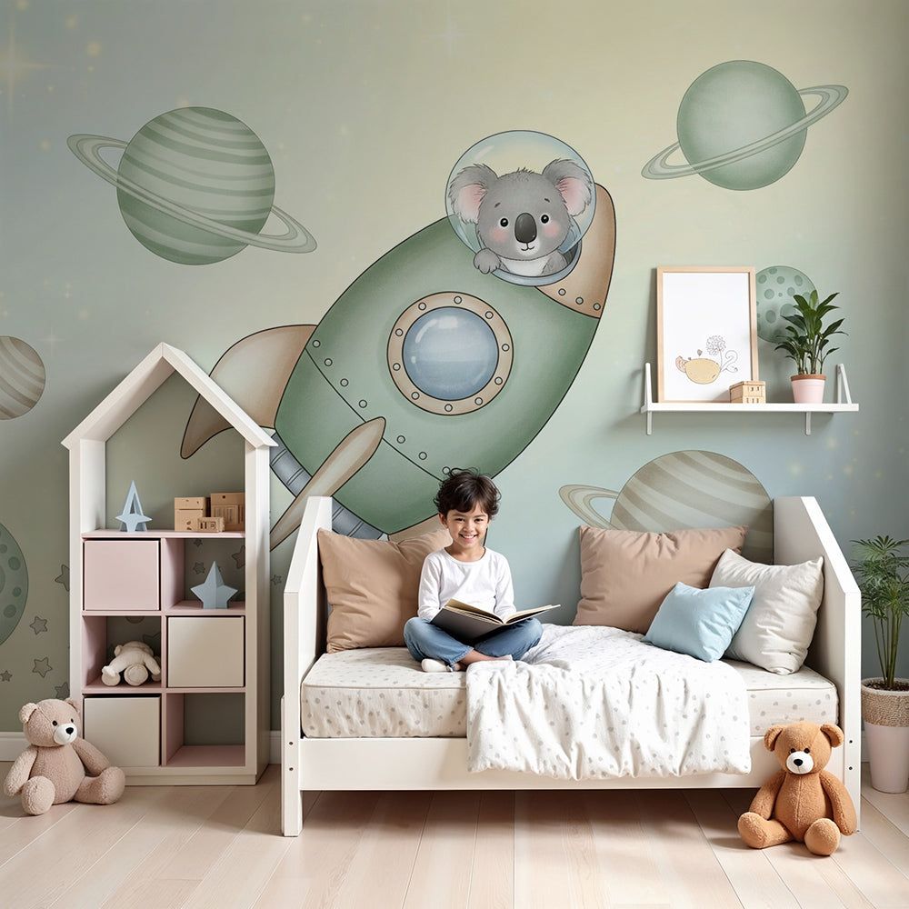 Kids-Mundo koala astronaut rocket wall mural styled in a pastel nursery