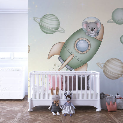 Kids-Mundo koala astronaut rocket wall mural in a calm, softly lit playroom