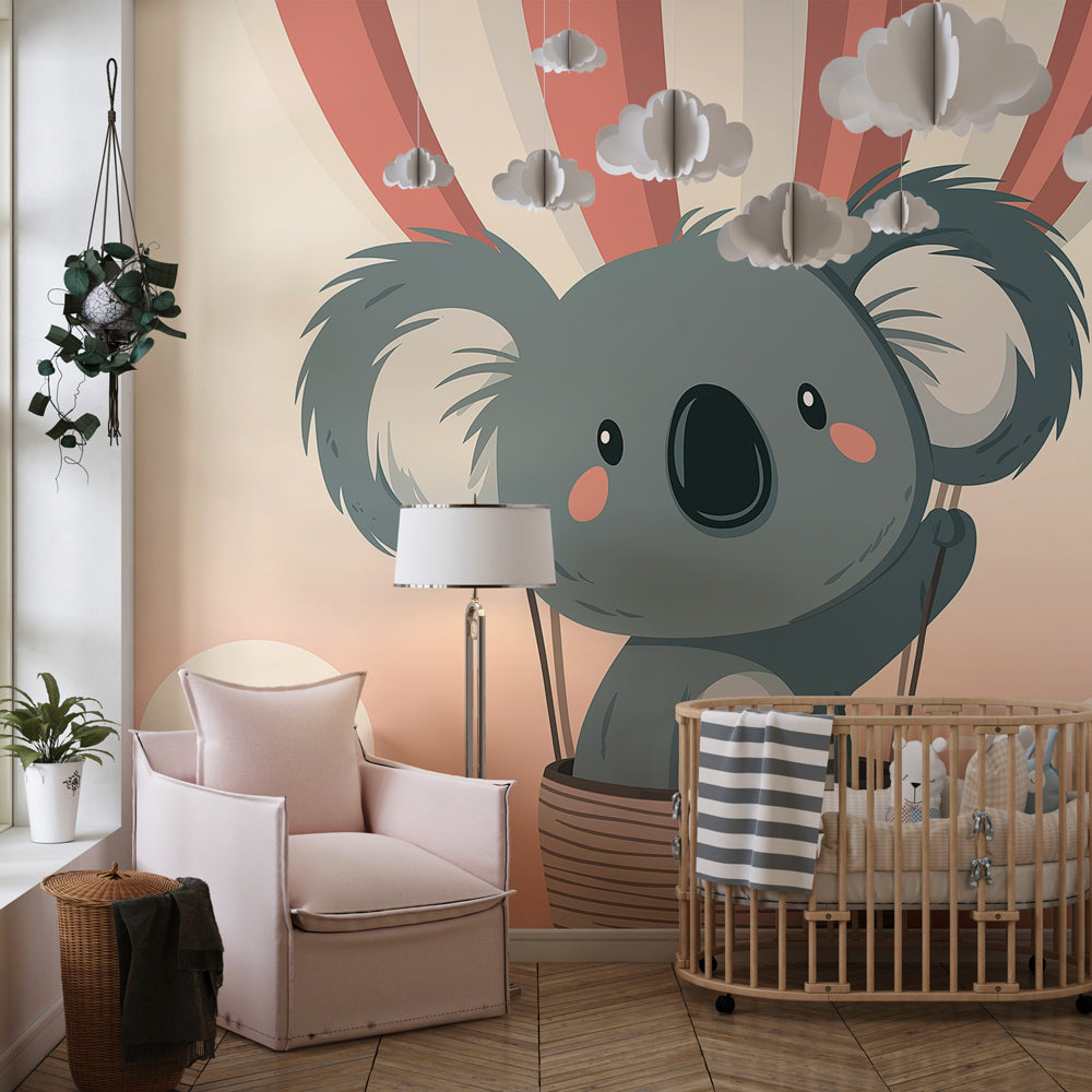 Pastel koala hot air balloon wallpaper creating dreamy baby room atmosphere