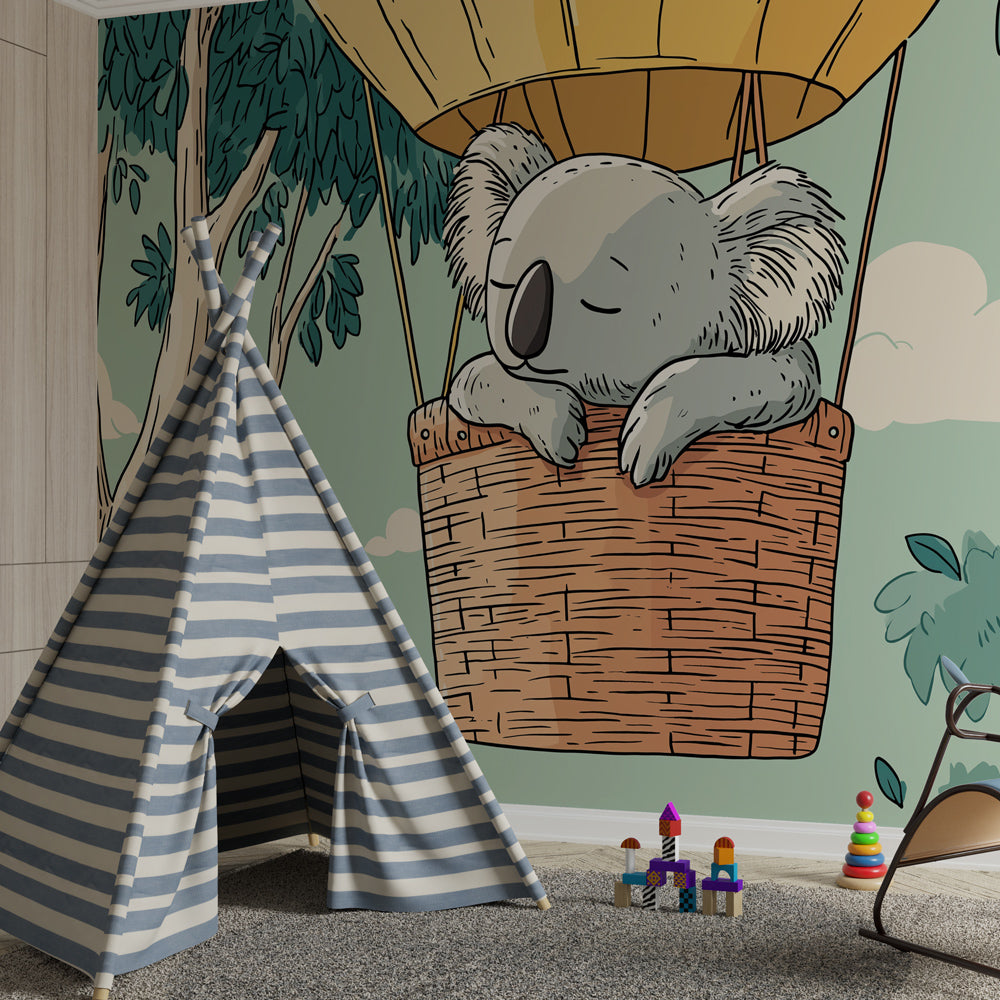 Adventure koala wallpaper creating dreamy atmosphere in children's bedroom decor