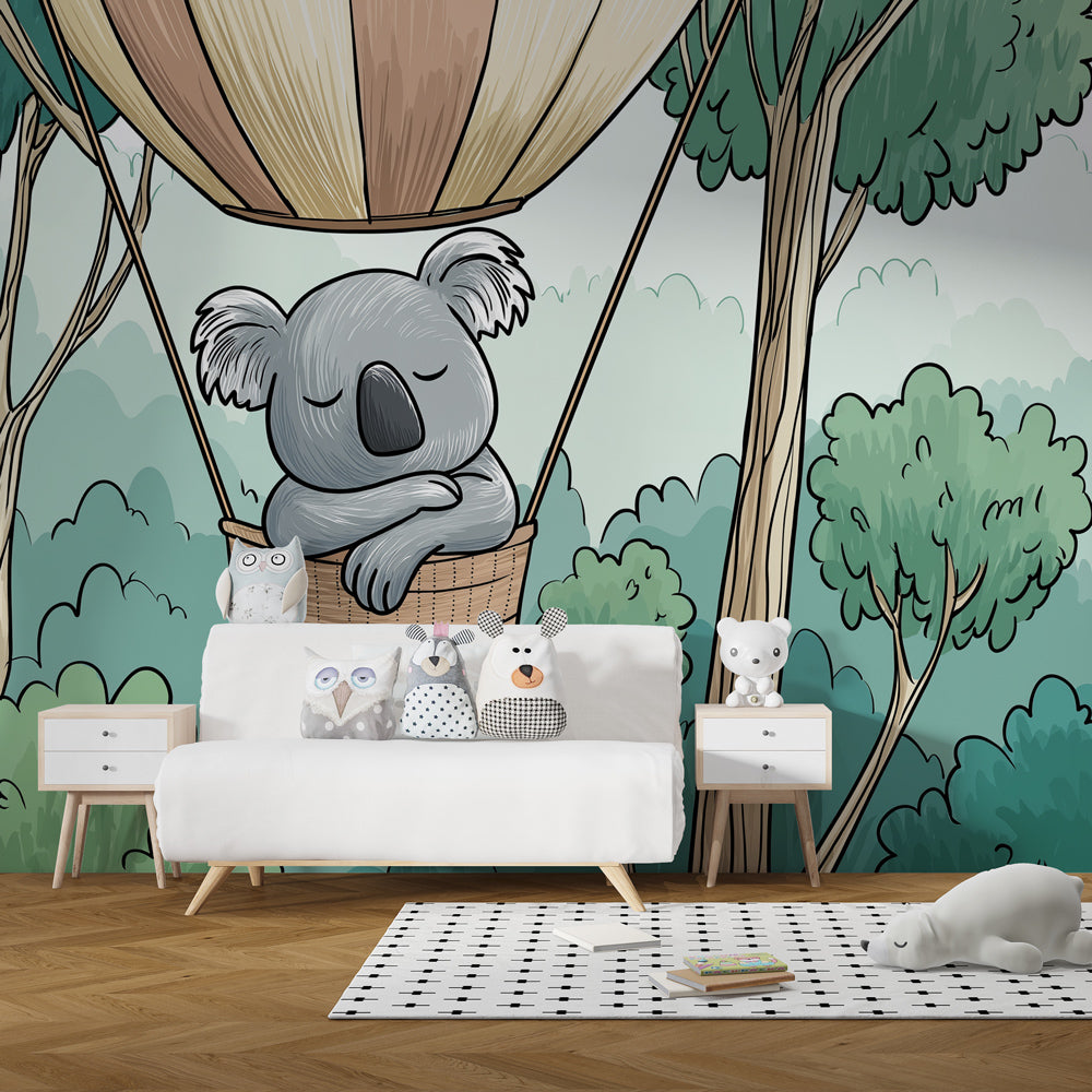 Dreamy koala forest wallpaper creating peaceful kids bedroom atmosphere with natural decor