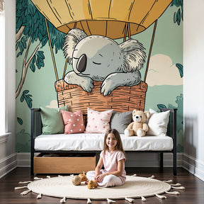 Koala balloon mural wallpaper in modern nursery with wooden crib by Kids-Mundo