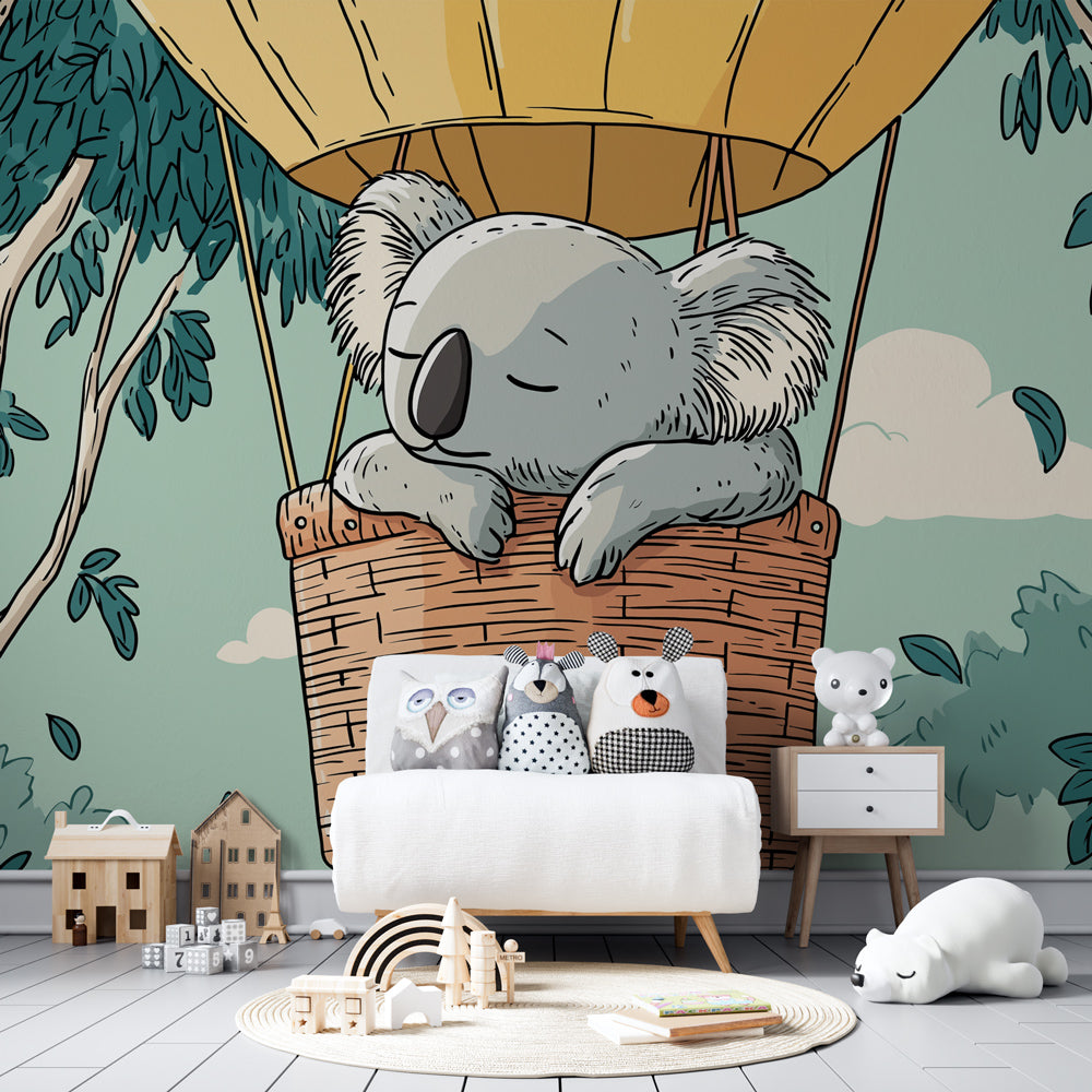 Hot air balloon koala mural wallpaper transforming kids playroom with nature theme