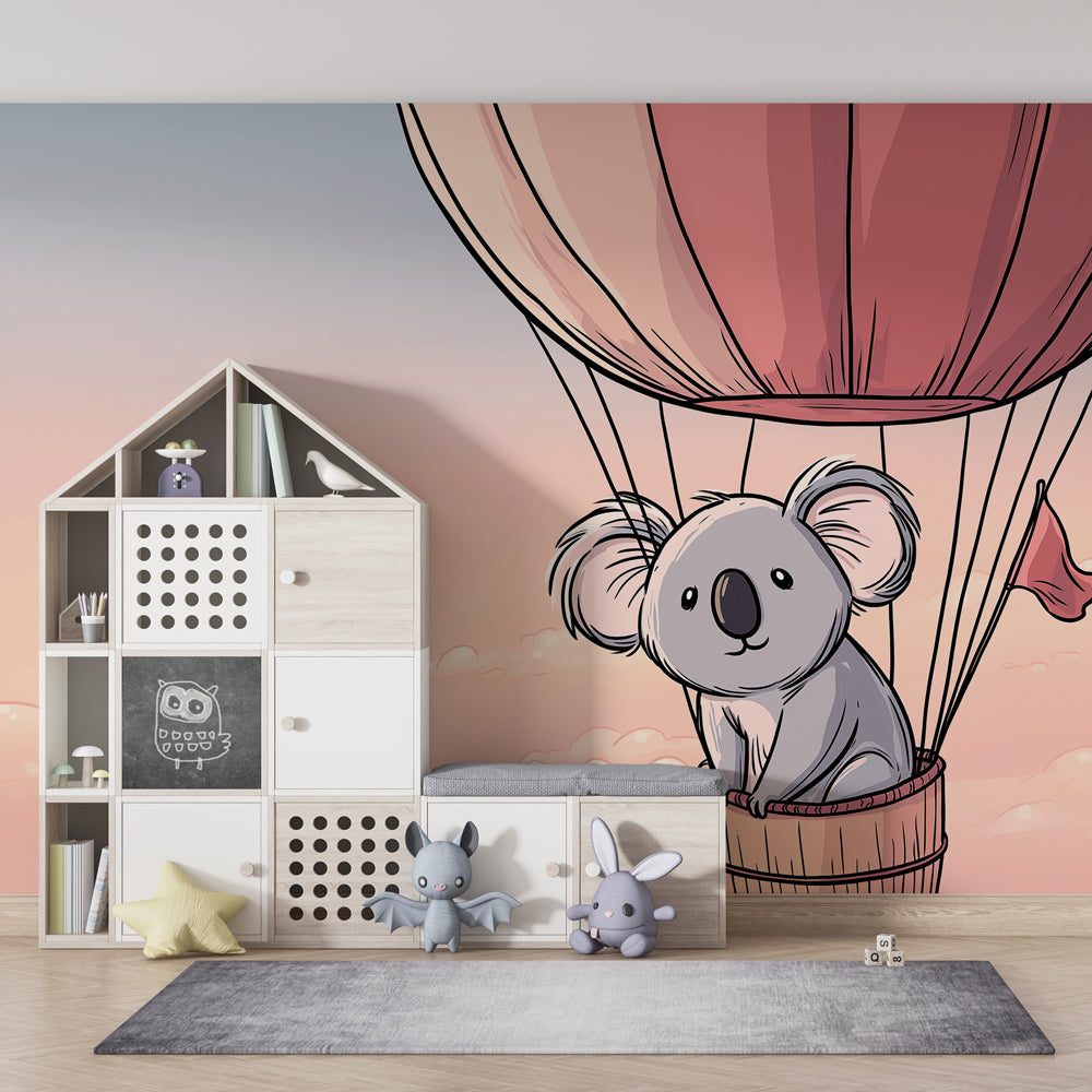 Adventure themed koala mural wallpaper transforming toddler playroom with soft colors