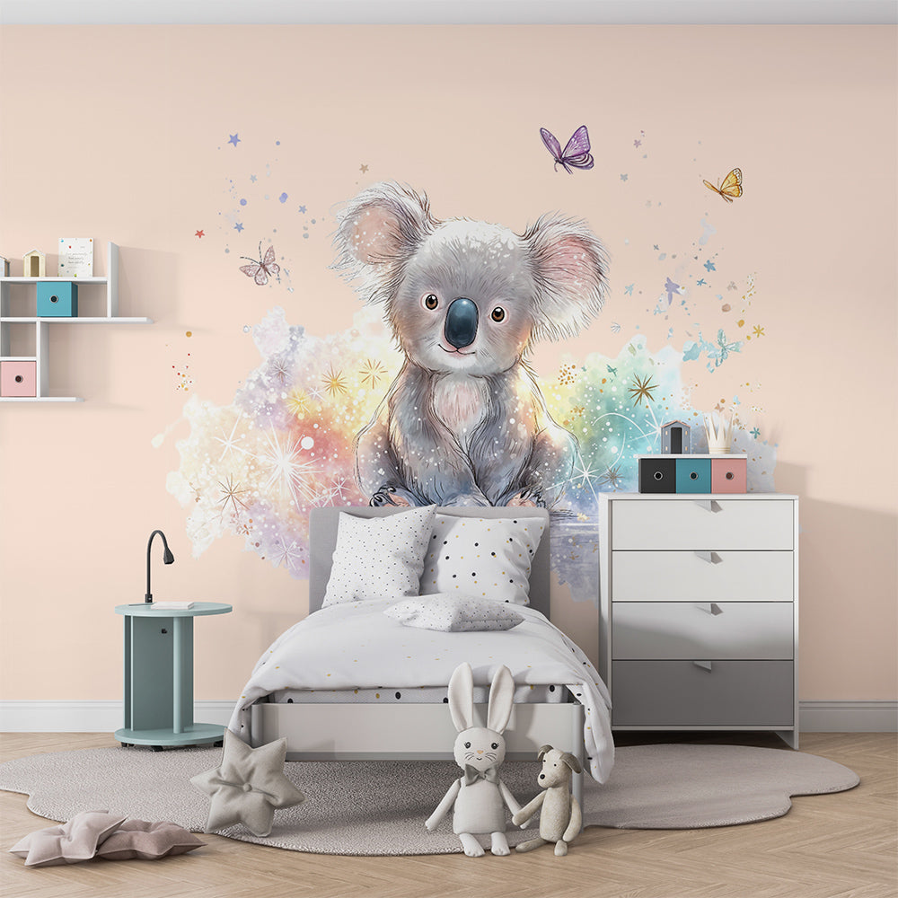 Kids-Mundo koala and butterflies mural covering the wall of a girl's bedroom in blush tones
