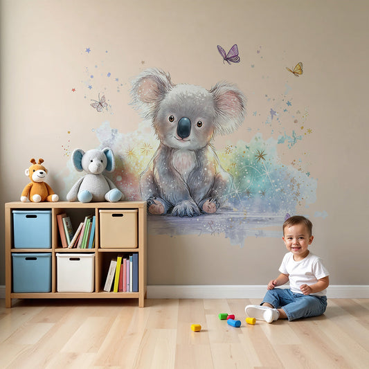 Kids-Mundo blush pink koala wall mural in a warm nursery with a cot and soft blanket
