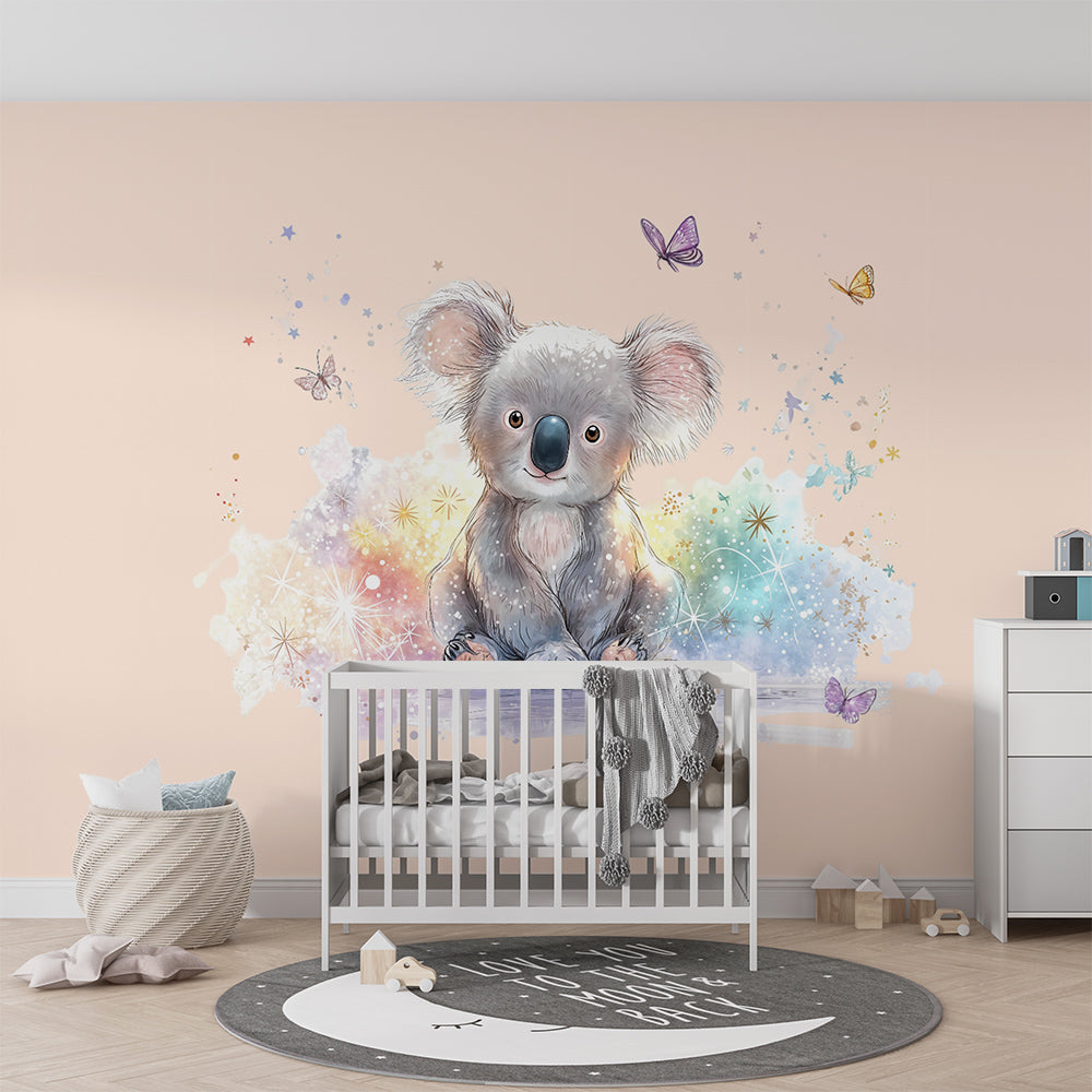 Kids-Mundo blush koala wallpaper mural styled in a pastel playroom with cushions