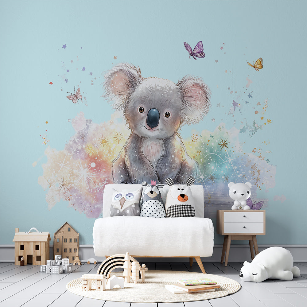 Kids-Mundo koala and butterflies mural covering the wall of a dreamy child's bedroom