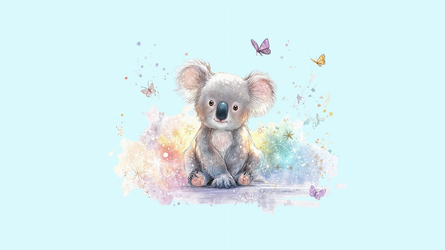 Kids-Mundo flat artwork of a sparkly baby koala with butterflies on a pale sky-blue background