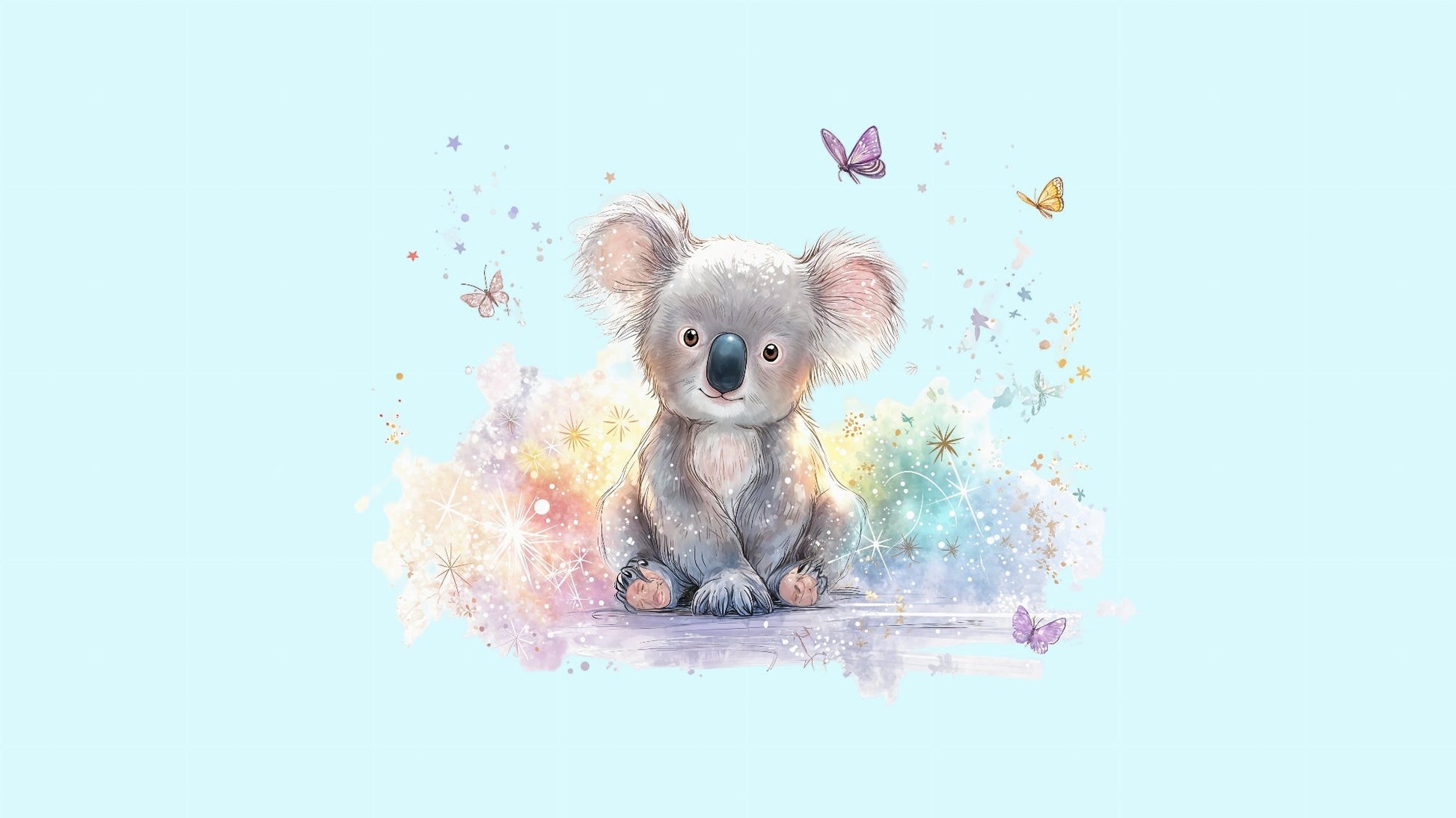 Kids-Mundo flat artwork of a sparkly baby koala with butterflies on a pale sky-blue background