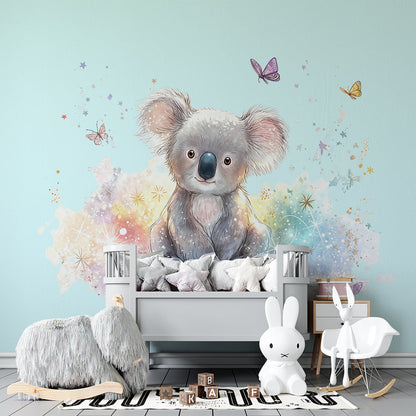 Kids-Mundo koala wallpaper mural styled in a pastel playroom with soft toys
