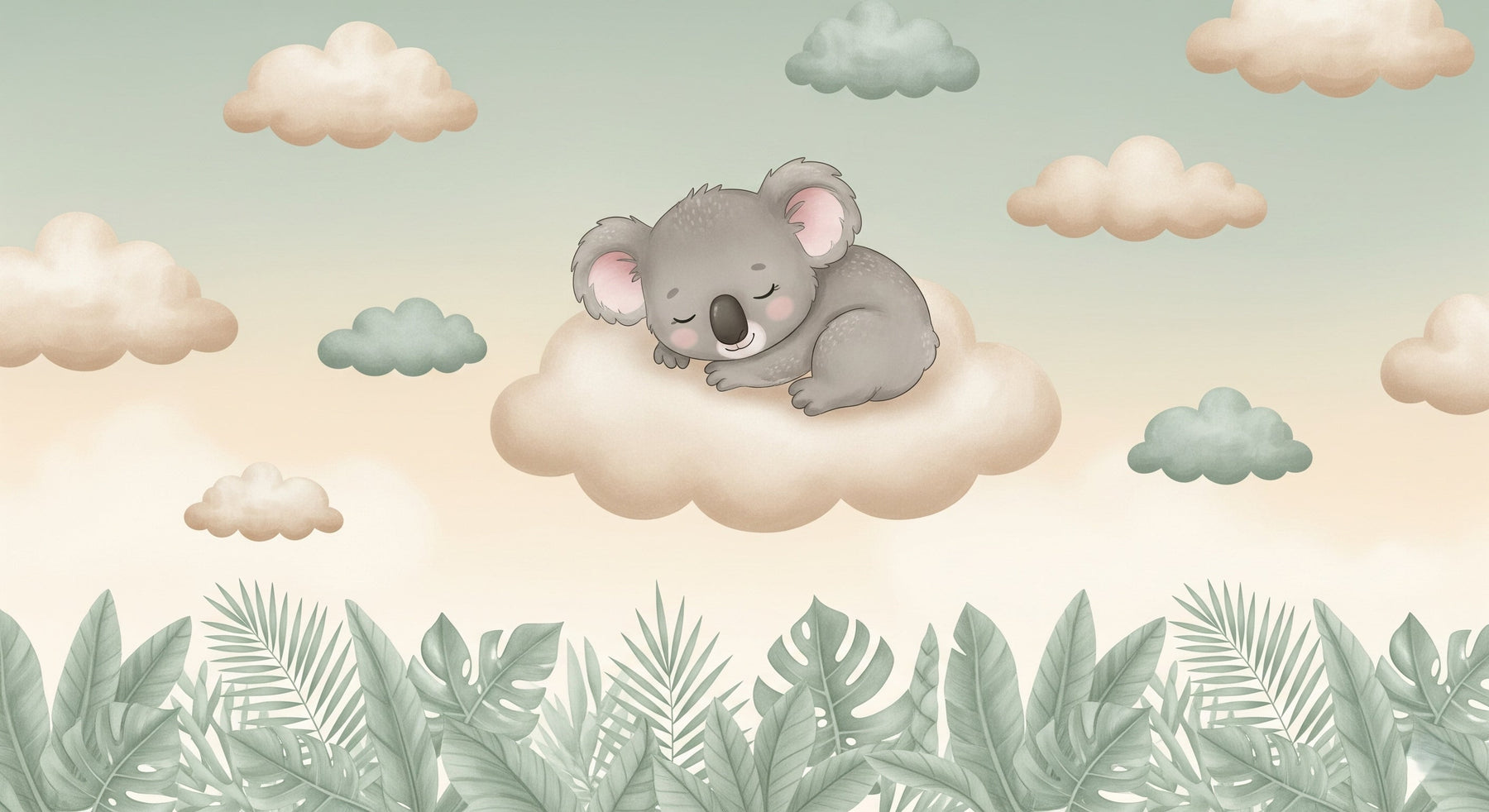 Detailed koala sleeping on cloud mural wallpaper design pattern with tropical foliage by Kids-Mundo
