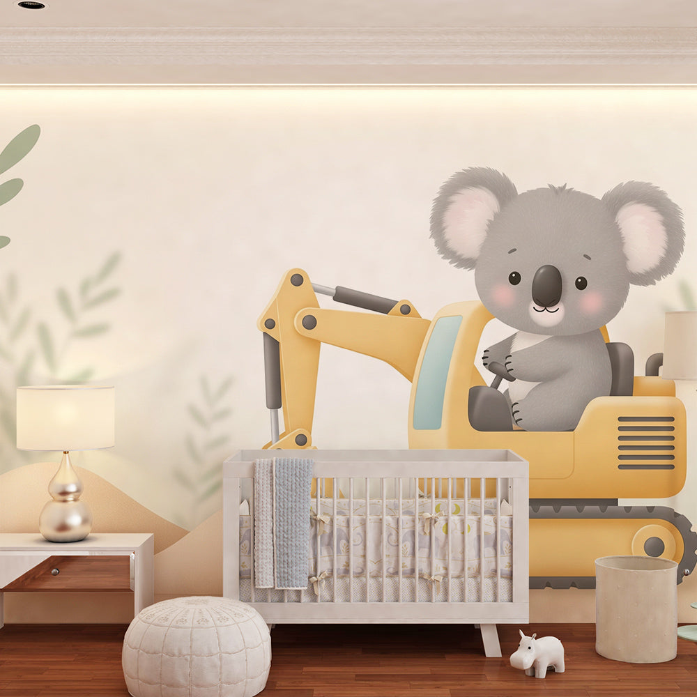 Kids-Mundo koala on a digger wall mural on a feature wall in a fun kids bedroom