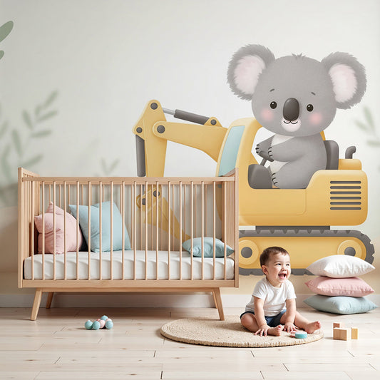 Kids-Mundo koala digger wall mural made to measure and installed in a bright, cheerful nursery