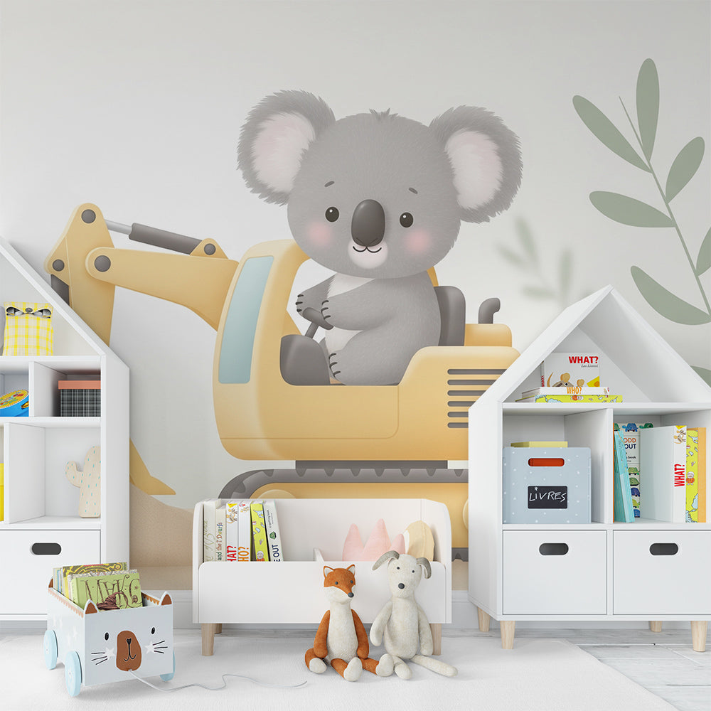 Kids-Mundo koala digger wall mural covering a wall in a lively children's playroom