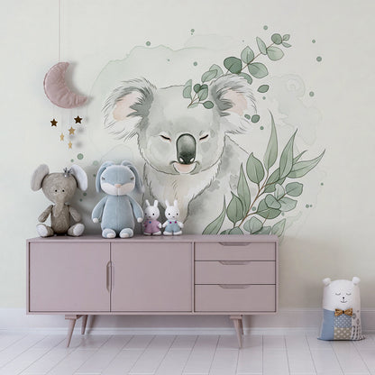 Kids-Mundo koala eucalyptus wall mural as a soft feature wall in a kids bedroom