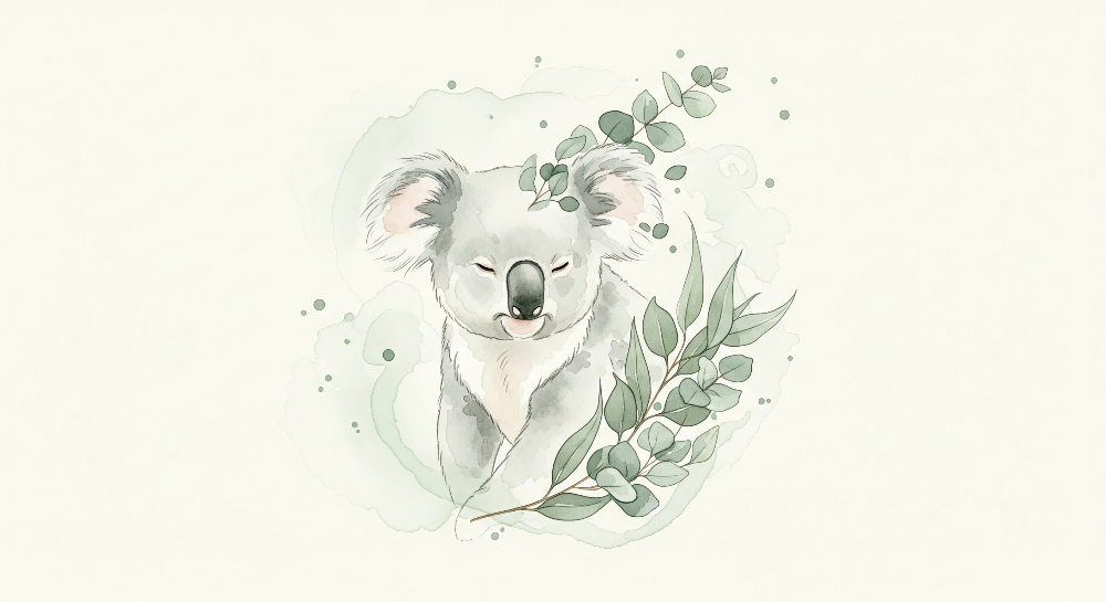 Kids-Mundo watercolour koala artwork with soft eucalyptus leaves and gentle greens