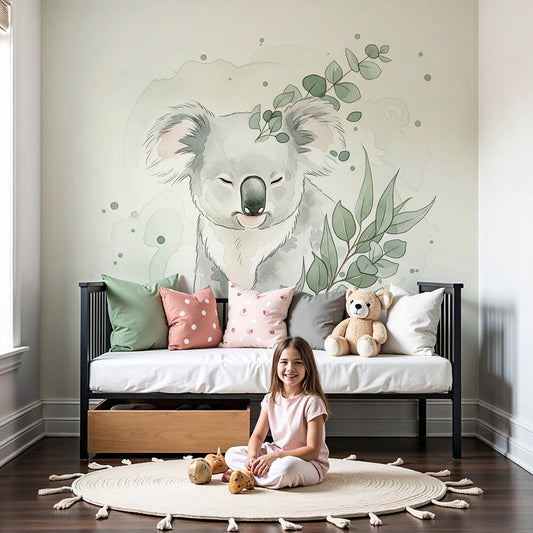 Kids-Mundo sleepy koala and eucalyptus wall mural behind a cot in a gentle nursery
