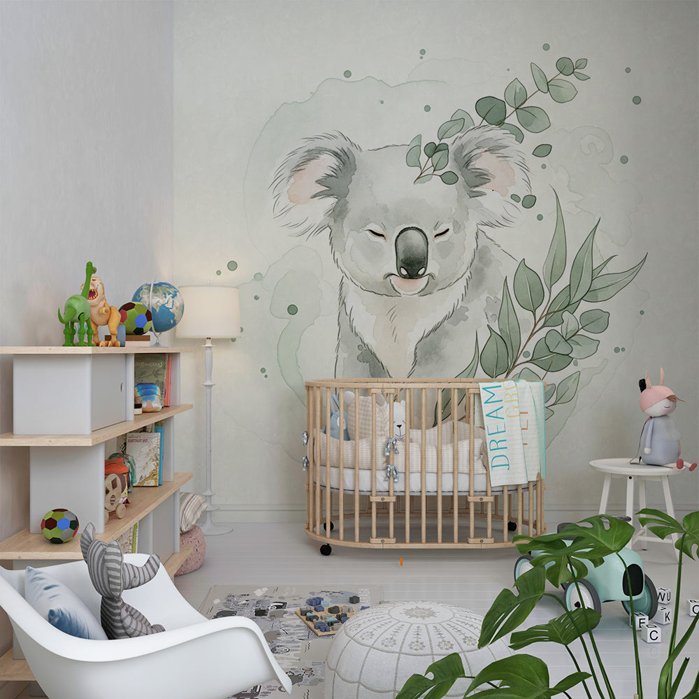 Kids-Mundo watercolour koala wall mural bringing calm to a children's playroom