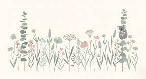 Detailed koala and botanical flowers mural wallpaper design pattern showing garden elements by Kids-Mundo