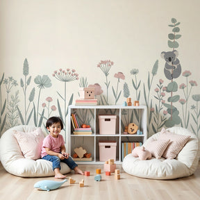 Koala floral mural wallpaper in peaceful nursery setting with botanical garden theme by Kids-Mundo