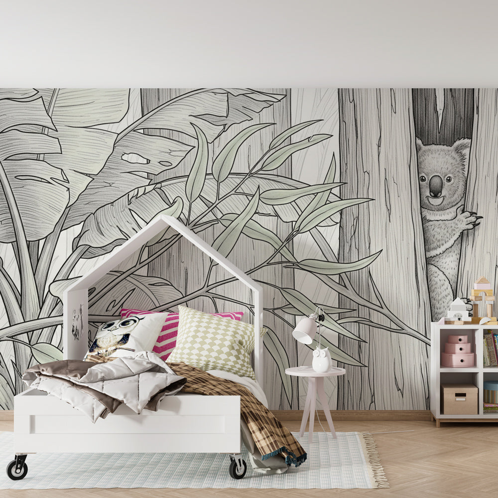 Curious koala wildlife wallpaper creating peaceful atmosphere in children's bedroom decor