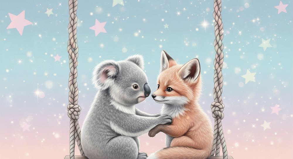 Kids-Mundo koala and fox cub illustration artwork used for this starry swing wall mural