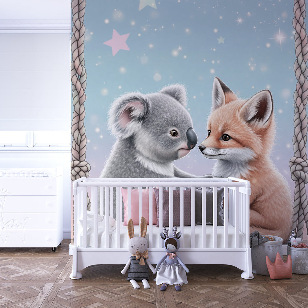 Kids-Mundo koala and fox starry swing mural brightening a playful children's playroom wall