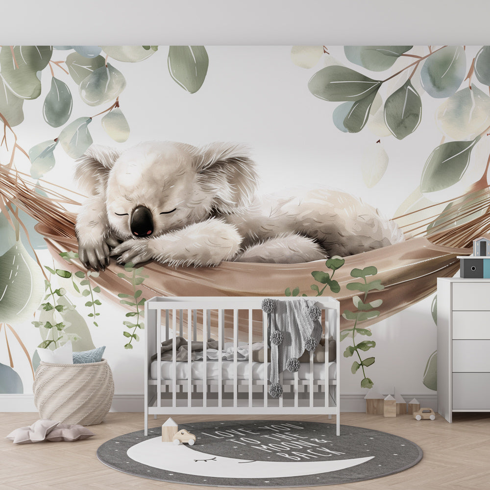 Kids-Mundo koala hammock wall mural with eucalyptus leaves shown in a kids bedroom