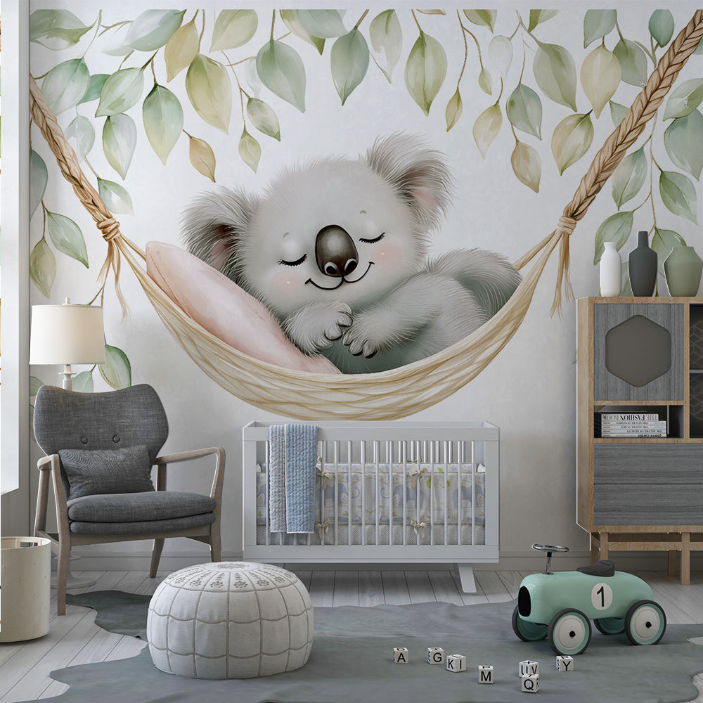 Kids-Mundo koala and eucalyptus wall mural in a bright children's playroom