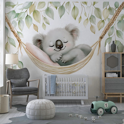 Kids-Mundo koala and eucalyptus wall mural in a bright children's playroom