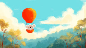 Detailed koala hot air balloon mural wallpaper design pattern with golden trees by Kids-Mundo