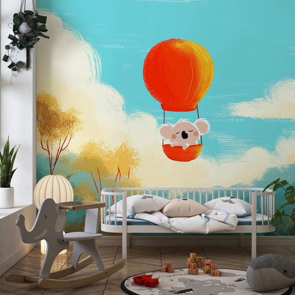 Whimsical koala balloon wallpaper transforming kids playroom into adventure zone