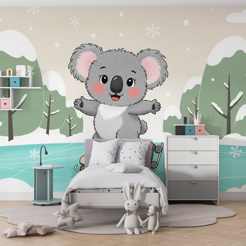 Winter wonderland koala wallpaper transforming children's bedroom with snowy ice rink scene