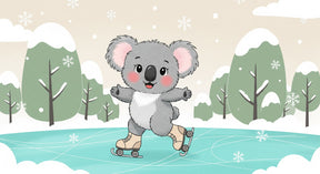 Detailed koala ice skating mural wallpaper design pattern showing winter wonderland scene by Kids-Mundo