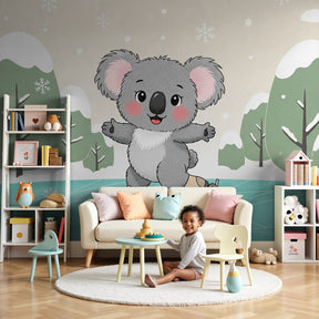 Koala ice skating mural wallpaper creating magical winter nursery decor by Kids-Mundo
