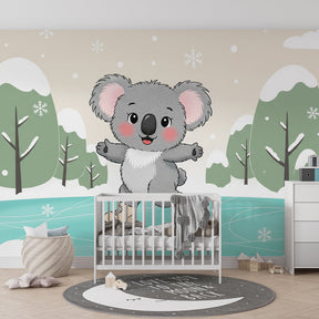 Adorable koala skating wallpaper bringing winter magic to kids playroom by Kids-Mundo