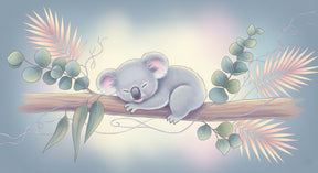 Detailed sleeping koala jungle mural wallpaper design pattern with tropical leaves by Kids-Mundo