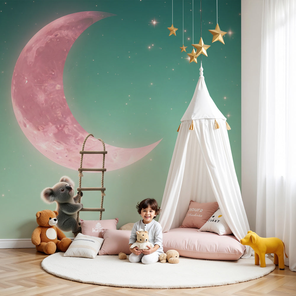 Koala moon mural wallpaper in modern nursery with white crib and soft lighting by Kids-Mundo