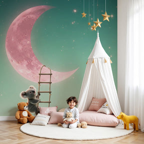 Koala moon mural wallpaper in modern nursery with white crib and soft lighting by Kids-Mundo