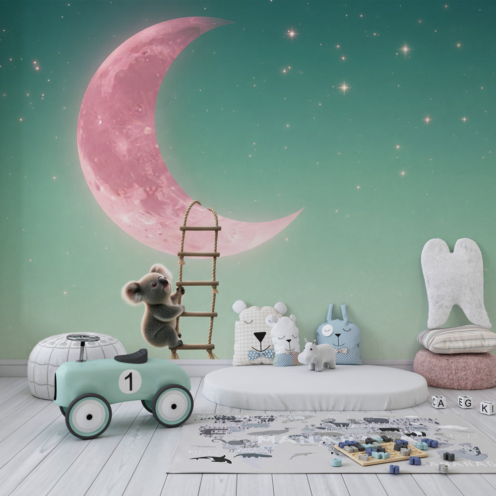 Pink moon and koala mural wallpaper transforming playroom into enchanting space for kids