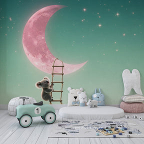 Pink moon and koala mural wallpaper transforming playroom into enchanting space for kids
